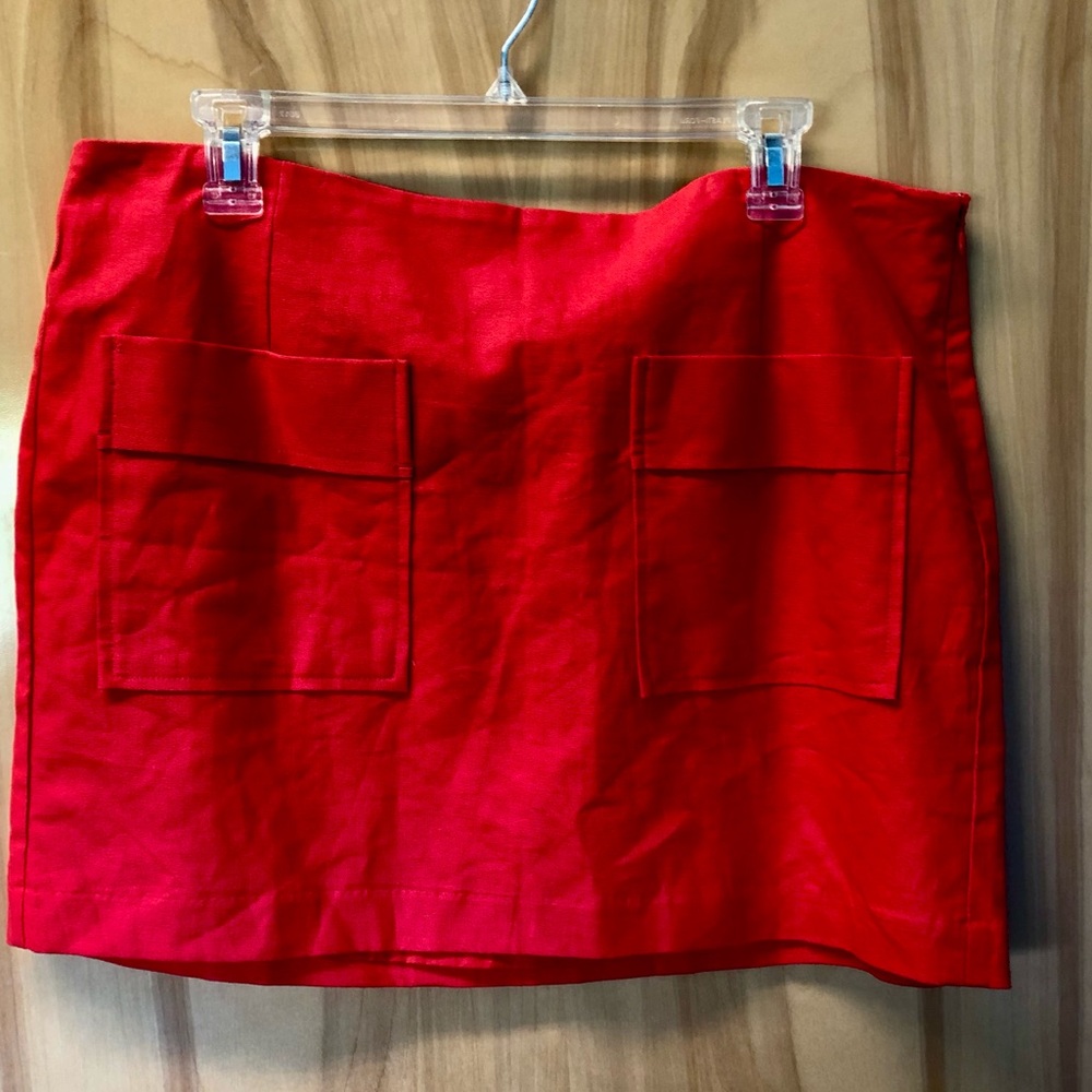 Bright Red Mini linen Skirt with Front Patch Pockets